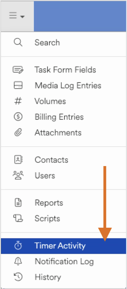 Menu displaying various options with a focus on Timer Activity selection.